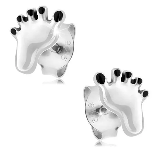 Strieborné náušnice 925, biely odtlačok chodidla s čiernymi prstami
