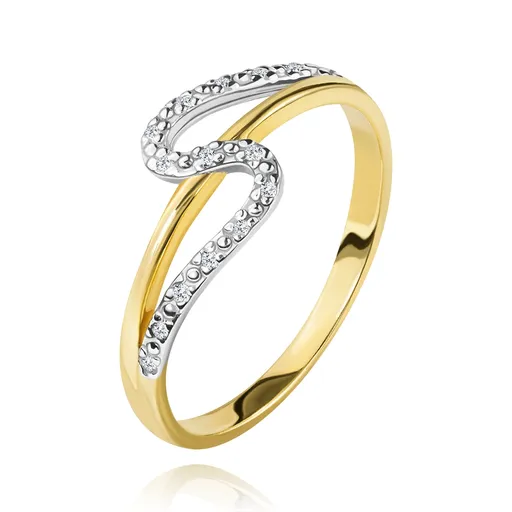 Diamantový prsteň zo 14K zlata, rovné a zvlnené rameno, drobné číre diamanty - Veľkosť: 49 mm