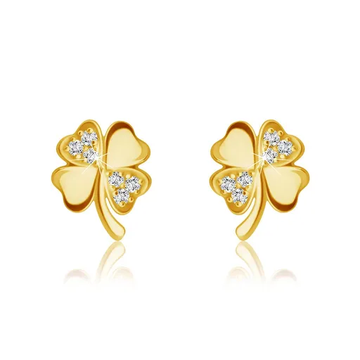 Náušnice zo 14K žltého zlata - štvorlístok s ligotavými zirkónmi