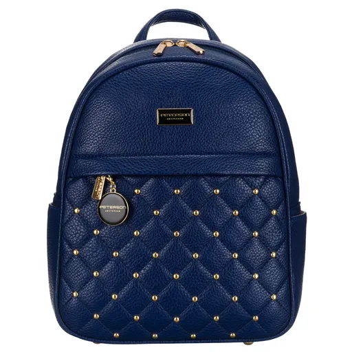 Prešívaný moderný tmavomodrý dámsky ruksak zdobený zlatými nitmi z ekologickej kože