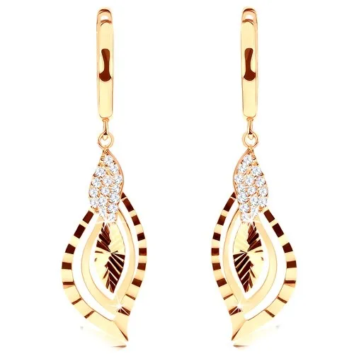 Zlaté náušnice 585 - lesklý oblúčik, ligotavé lístočky zdobené zirkónmi a ryhami