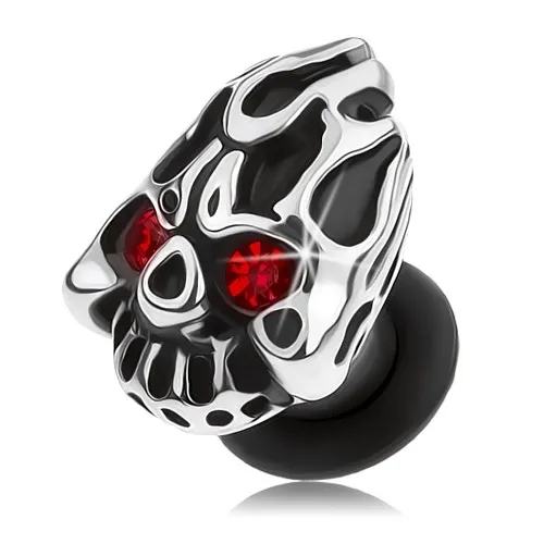Oceľový plug do ucha striebornej farby, lebka s horiacou hlavou, červené zirkóny - Hrúbka: 3 mm