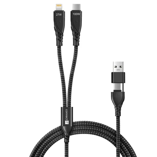 CONNECT IT Wirez 4in1 1x USB-C, 1x Lightning, 1,25 m, ČIERNY