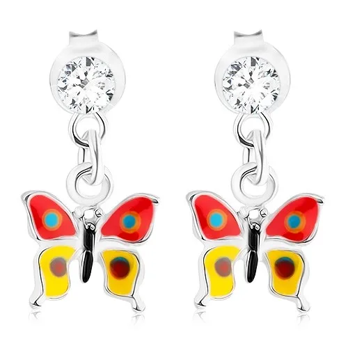 Náušnice zo striebra 925 so Swarovského krištáľom, červeno-žltý motýlik