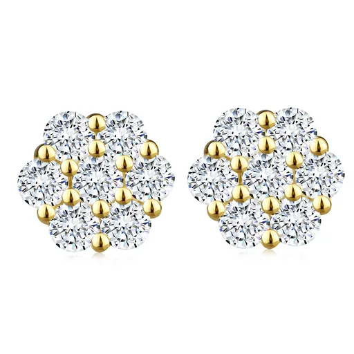 Náušnice v žltom 375 zlate - kvietok s čírymi zirkónmi, puzetky