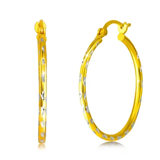 Náušnice zo striebra 925 - trblietavé klasické kruhy, zlatá farba, krížikové zárezy