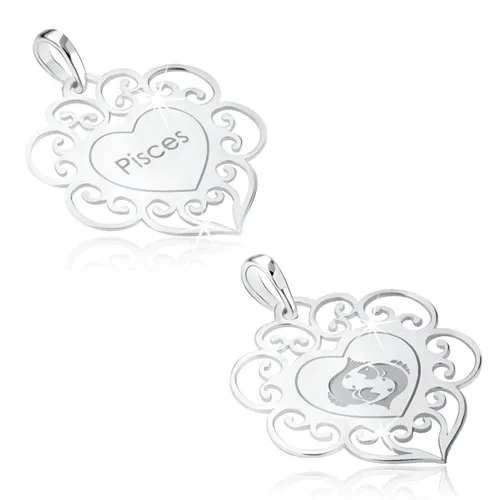 Prívesok zo striebra 925, znamenie zverokruhu RYBY, srdce s ornamentami