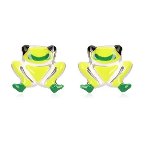 Náušnice zo striebra 925 - žabky zdobené zelenou glazúrou, puzetové zapínanie