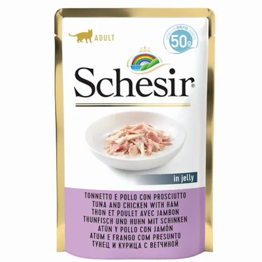 SCHESIR Kapsička pre mačky tuniak s kuraťom a šunkou 50 g