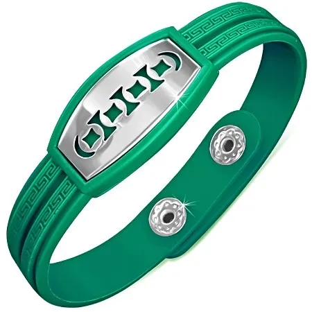 Tmavozelený náramok z gumy, známka s vyrezanými kruhmi