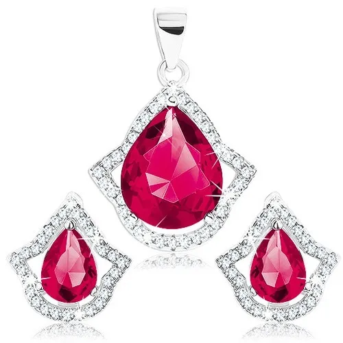 Strieborný 925 set - prívesok a náušnice, červenoružová kvapka v čírom obryse