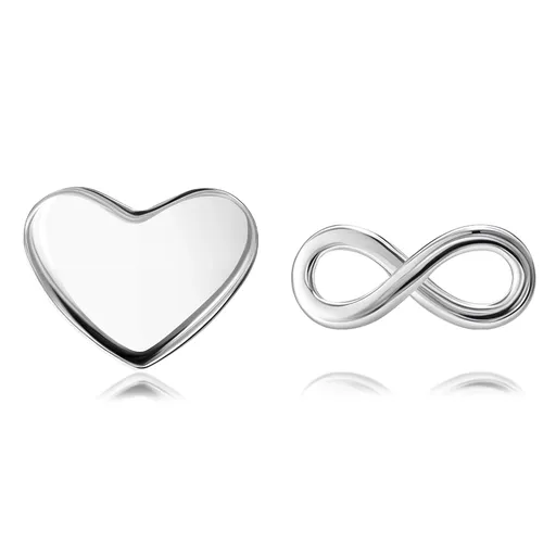 Puzetové náušnice v striebre 925 - lesklé srdce a symbol Infinity