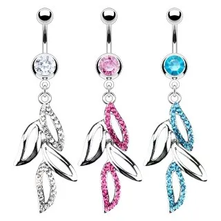 Oceľový piercing do pupku - štyri lístky, vsadené zirkóny - Farba zirkónu: Ružová - P