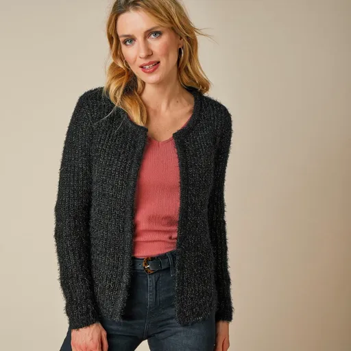 Krátky kardigan z úpletu s predĺženým vláknom