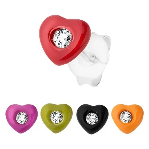 Strieborné náušnice 925, srdiečko zdobené farebnou glazúrou, číry zirkónik - Farba: Červená