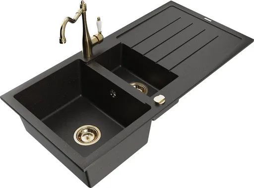 MEXEN/S MEXEN/S - Andres granitový drez s odkvapkávačom vrátane batérie Carla, čierna/zlatá metalik 6515-75-670700-50