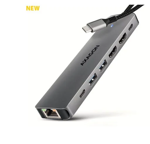 AXAGON HMC-7HX2, USB 5Gbps húb, 2x USB-A, USB-C, 2x HDMI 4k/60Hz, RJ-45 GLAN, PD 100W, kábel USB-C 15cm