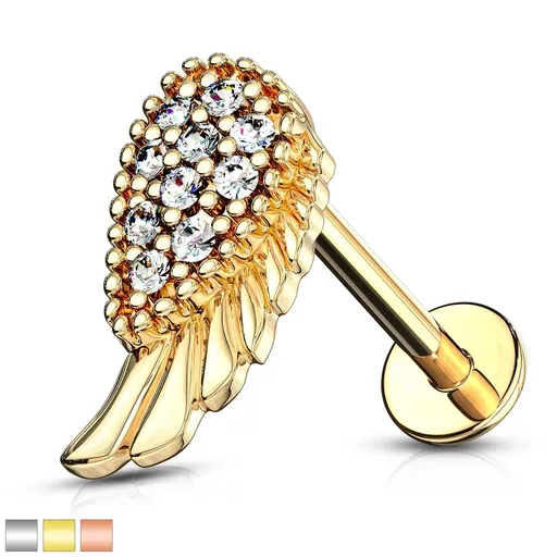 Piercing do brady a pery, z ocele 316L - anjelské krídlo a slzička so zirkónmi - Dĺžka piercingu: 6 mm, Farba piercing: Strieborná