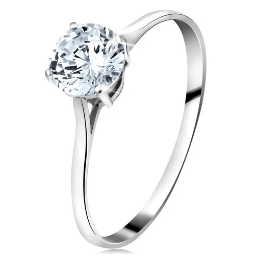 Prsteň z bieleho 14K zlata - veľký okrúhly zirkón čírej farby, úzke ramená - Veľkosť: 61 mm