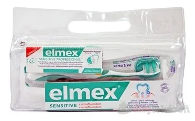 Elmex Sensitive zubná pasta 75 ml + zubná pasta 20 ml + zubná kefka + cestovná taštička darčeková sada