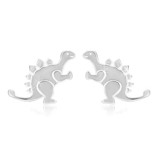 Strieborné náušnice 925 - lesklý dinosaurus - stegosaurus, hladký povrch, puzetky