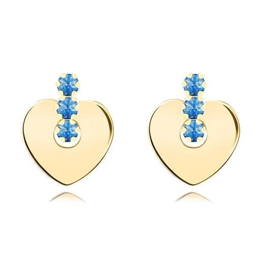 Zlaté náušnice 14K srdce a modré zirkóny v línii