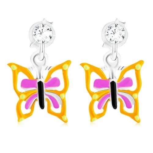 Puzetové náušnice zo striebra 925, motýľ so žlto-fialovými krídlami, glazúra