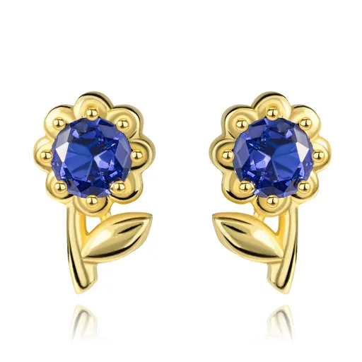 Zlaté náušnice 14K v tvare kvetu s tmavomodrým zirkónom