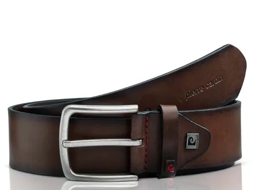 Hnedý pánsky kožený opasok Pierre Cardin s kovovou prackou