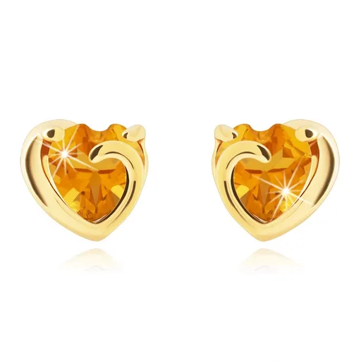 Zlaté náušnice 14K s citrínovým srdcom a hladkou obrubou