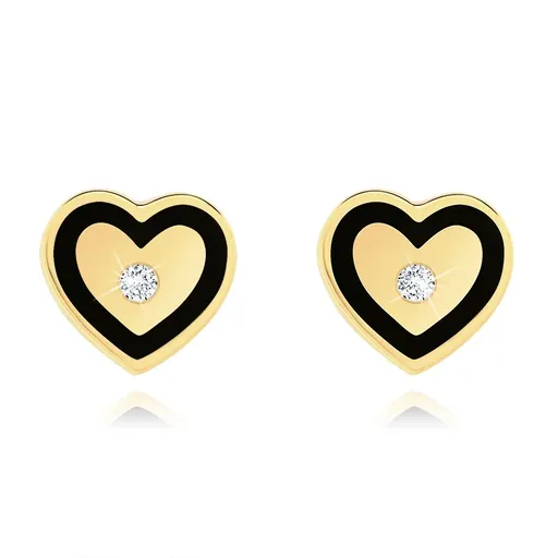 Zlaté náušnice 14K v tvare srdca s čiernou kontúrou a zirkónom