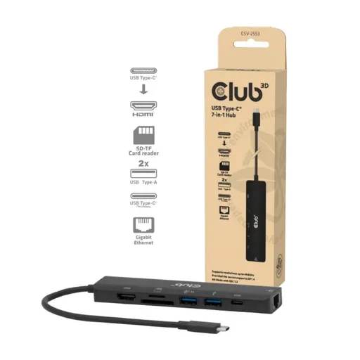 Club3D Dokovacia stanica USB-C 7v1, 1xHDMI, 1xUSB-C PD, 2xUSB, 1xRJ45, microSD/SD, čierna