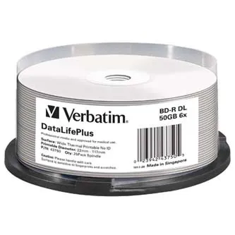 Verbatim BD-R, DL+ Wide Thermal Printable No Id Surface Hard Coat, 50GB, spindle, 43750, 6x, 25-pack, pre archiváciu dať