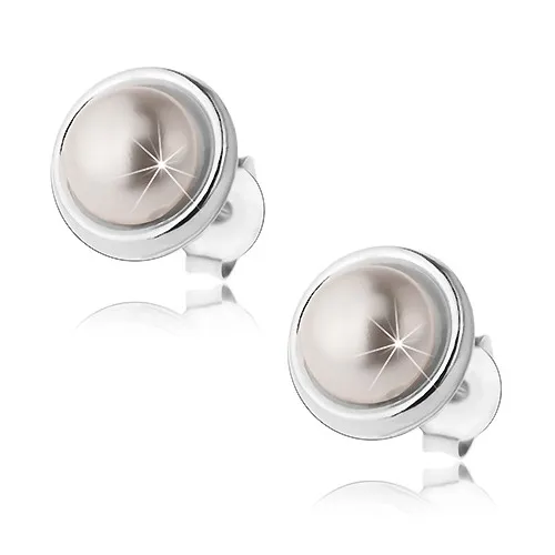 Náušnice zo striebra 925, perleťovo biela pologulička, lesklý lem