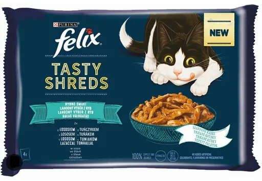 FELIX Tasty shreds cat Multipack losos&tuniak v šťave kapsičky pre mačky 4x80g