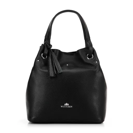 Dámska kabelka typu vak z kože veľká čierno-strieborná 100-4E-633-1S