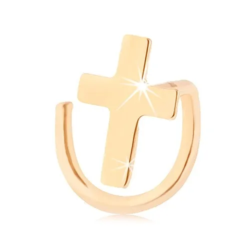 Piercing do nosa v žltom 14K zlate - zahnutý, lesklý latinský krížik