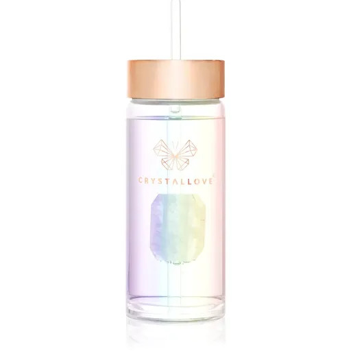 Crystallove Clear Quartz Straw Water Bottle sklenená fľaša na vodu s rúrkou Hologram 400 ml