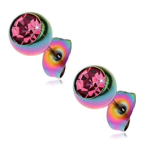 Oceľové náušnice, dúhové guličky s ružovým zirkónom, 7 mm