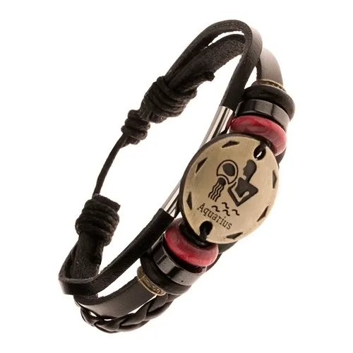 Nastaviteľný kožený náramok čiernej farby, kruh so znamením VODNÁR