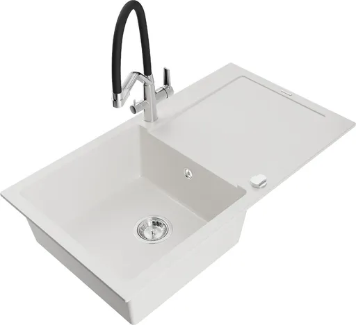 MEXEN/S MEXEN/S - Leo granitový drez 1-miska s odkvapkávačom vrátane batérie Duo, biela 6501-20-671701-07