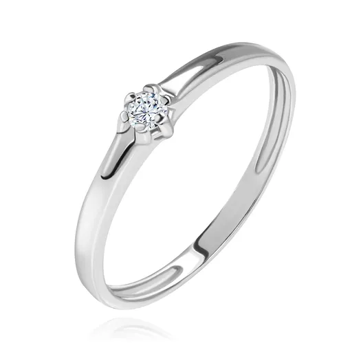 Prsteň z bieleho 14K zlata - lesklé hladké ramená, žiarivý číry diamant - Veľkosť: 49 mm