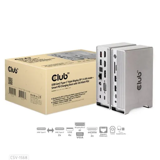 Club3D Dokovacia stanica USB-C 12v1, 1xDP, 2xHDMI, 1xVGA, 2xUSB-C, 4xUSB, 1xRJ45, 1x3.5mm, sivá