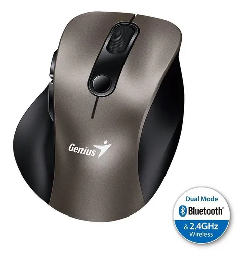 Genius Ergo 9000S, Myš, bezdrôtová, optická, 2400DPI, 6 tlačidiel, Bluetooth, 2.4GHz, USB, titánová