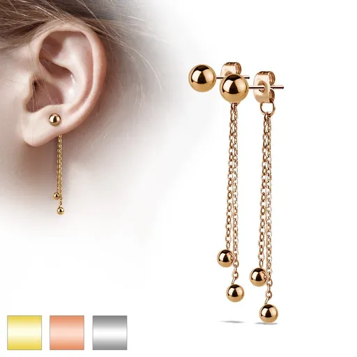 Oceľové náušnice, puzetky s dvoma retiazkami a guličkami - Farba: Medená