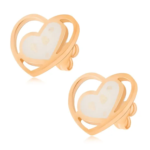 Náušnice z ocele, biele perleťové srdce v kontúre srdca