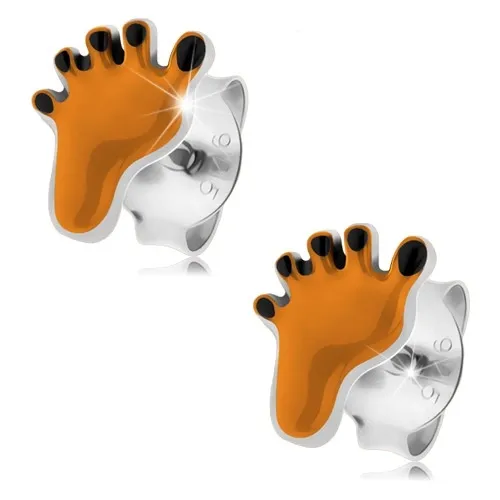 Strieborné 925 náušnice, nôžka zdobená oranžovou a čiernou glazúrou