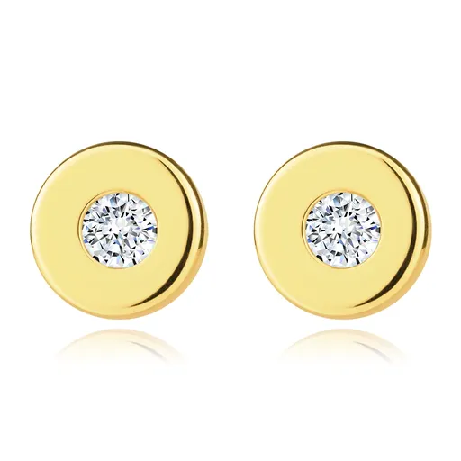 Zlaté 14K náušnice v žltom zlate - hladký kruh s čírym zirkónom uprostred
