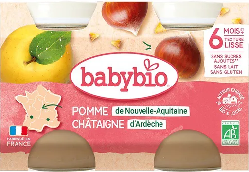 BABYBIO, Jablko s gaštanovým pyré, 2× 130 g (3288131510941)
