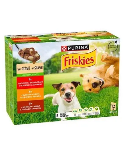 Friskies Adult hovadzie a zemiaky kura a mrkva jahňa a mrkva šťava 12 x 85 g